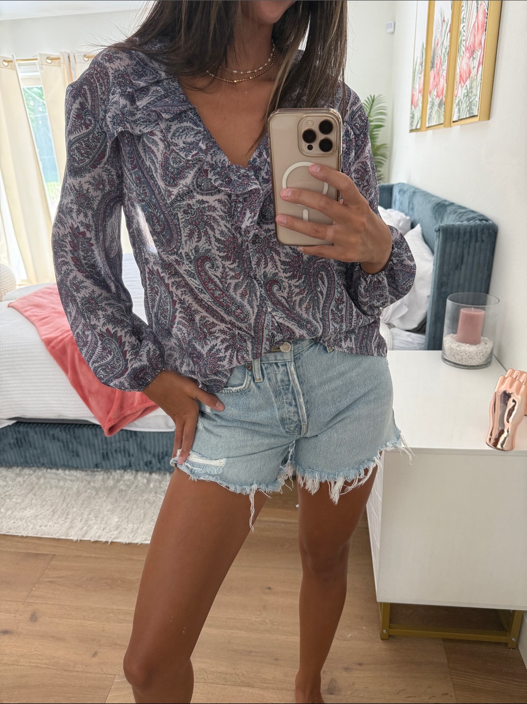 Womens Paisley Ruffle V-Neck Blouse - Purple Multi